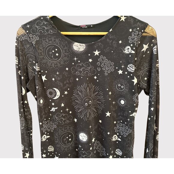 Y2K Marisa Atitude Black Sheer Celestial Sun Moon Star Print Dress Cosmic Goth - Picture 2 of 4